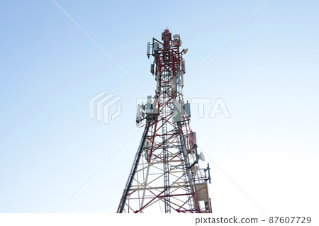 Modern communication tower with equipment. Mobile connection. Modern technologies, 5g. Modern communication tower with equipment. Mobile connection. Modern technologies, 5g. 87607729