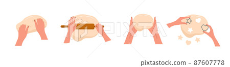 Kneading dough hands. Woman rolls homemade dough with rolling pin. Top view. Cooking school. Stay home and cook healthy food by recipe. Vector illustration in flat cartoon style 87607778
