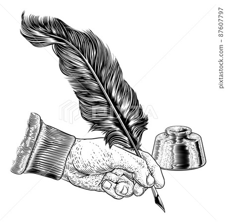 Quill Feather Ink Pen Hand Vintage Woodcut Print Quill Feather Ink Pen Hand Vintage Woodcut Print 87607797
