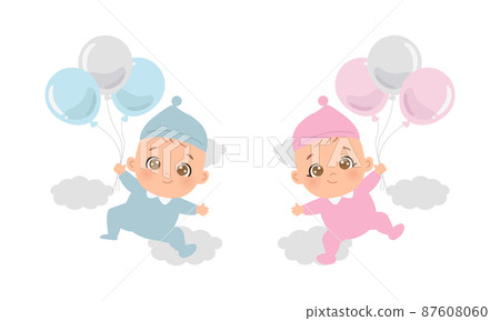 Cute baby boy and girl flying in the sky with balloon. Flat vector cartoon design 87608060