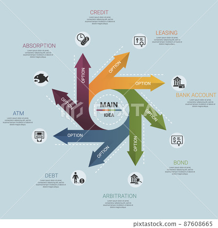 Infographic Banking template. Icons in different colors. Include Absorption, Credit, Leasing, Bank Account and others. 87608665