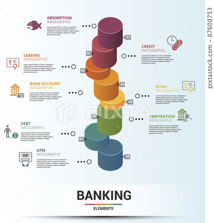 Infographic Banking template. Icons in different colors. Include Absorption, Credit, Leasing, Bank Account and others. Infographic Banking template. Icons in different colors. Include Absorption, Credit, Leasing, Bank Account and others. 87608753