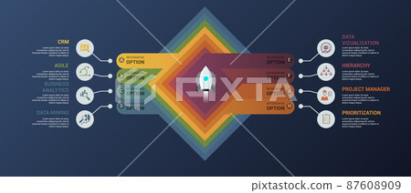 Infographic Business Intelligence template. Icons in different colors. Include Crm, Agile, Business Analytics, Data Mining and others. 87608909