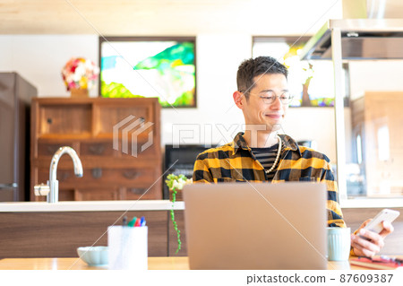 Male entrepreneur checking smartphone during breaks 87609387