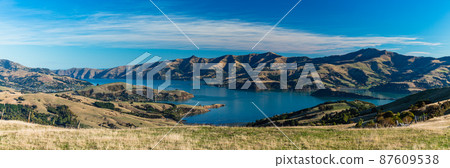 Banks Peninsula and Akaroa Bay on the South Island seen from New Zealand Hill Banks Peninsula and Akaroa Bay on the South Island seen from New Zealand Hill 87609538