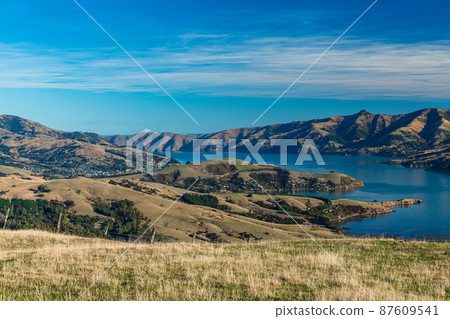 Banks Peninsula and Akaroa Bay on the South Island seen from New Zealand Hill Banks Peninsula and Akaroa Bay on the South Island seen from New Zealand Hill 87609541