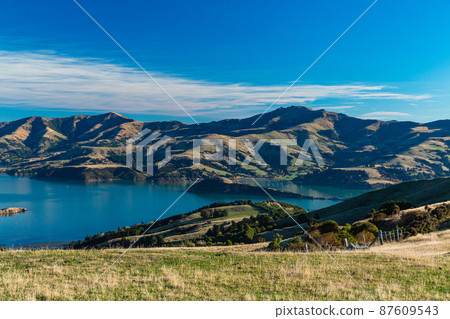 Banks Peninsula and Akaroa Bay on the South Island seen from New Zealand Hill Banks Peninsula and Akaroa Bay on the South Island seen from New Zealand Hill 87609543