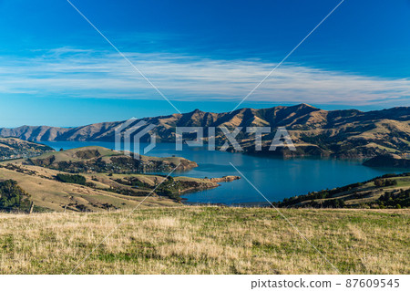 Banks Peninsula and Akaroa Bay on the South Island seen from New Zealand Hill Banks Peninsula and Akaroa Bay on the South Island seen from New Zealand Hill 87609545