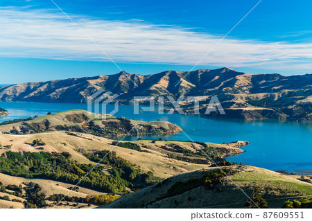 Banks Peninsula and Akaroa Bay on the South Island seen from New Zealand Hill Banks Peninsula and Akaroa Bay on the South Island seen from New Zealand Hill 87609551