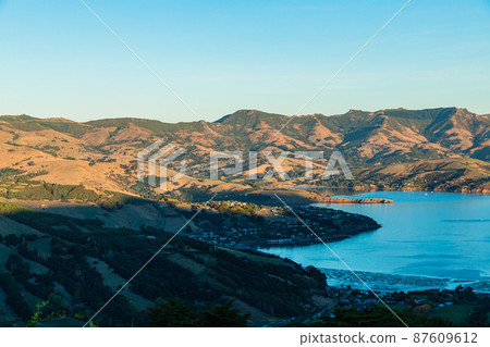 Banks Peninsula and Akaroa Bay on the South Island seen from New Zealand Hill Banks Peninsula and Akaroa Bay on the South Island seen from New Zealand Hill 87609612