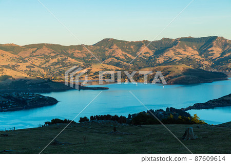 Banks Peninsula and Akaroa Bay on the South Island seen from New Zealand Hill Banks Peninsula and Akaroa Bay on the South Island seen from New Zealand Hill 87609614
