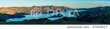 Banks Peninsula and Akaroa Bay on the South Island seen from New Zealand Hill Banks Peninsula and Akaroa Bay on the South Island seen from New Zealand Hill 87609617
