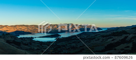 Banks Peninsula and Akaroa Bay on the South Island seen from New Zealand Hill Banks Peninsula and Akaroa Bay on the South Island seen from New Zealand Hill 87609626