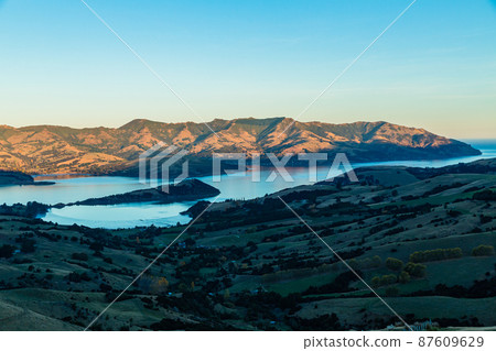 Banks Peninsula and Akaroa Bay on the South Island seen from New Zealand Hill Banks Peninsula and Akaroa Bay on the South Island seen from New Zealand Hill 87609629