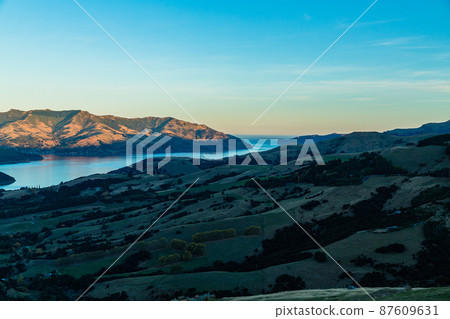 Banks Peninsula and Akaroa Bay on the South Island seen from New Zealand Hill Banks Peninsula and Akaroa Bay on the South Island seen from New Zealand Hill 87609631