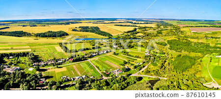 Aerial landscape of Russian Chernozemye. Pozdnyakovo village, Kursk region Aerial landscape of Russian Chernozemye. Pozdnyakovo village, Kursk region 87610145
