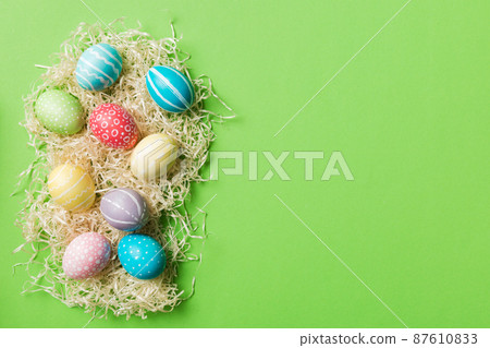 holiday preparation Multi colors Easter eggs on colored background . Pastel color Easter eggs. holiday concept with copy space holiday preparation Multi colors Easter eggs on colored background . Pastel color Easter eggs. holiday concept with copy space 87610833