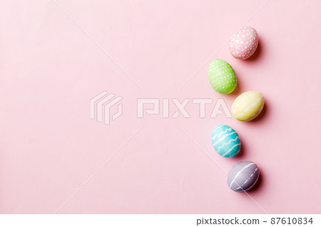 holiday preparation Multi colors Easter eggs on colored background . Pastel color Easter eggs. holiday concept with copy space holiday preparation Multi colors Easter eggs on colored background . Pastel color Easter eggs. holiday concept with copy space 87610834