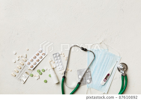 Medical background. Many different various medicine tablets or pills on the table with stethoscope. Close up. Healthcare pharmacy and medicine concept 87610892