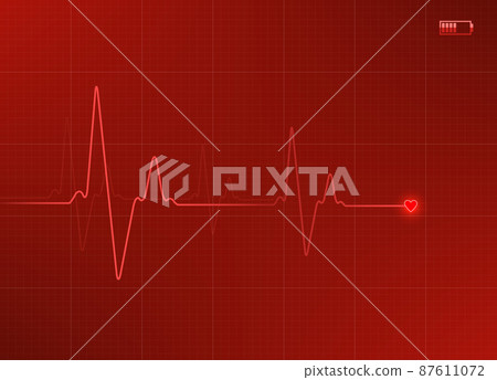 Electrocardiogram illustration in red color with battery icon 87611072