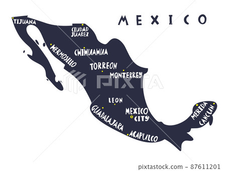 Vector hand drawn stylized map of Mexico cities. Travel illustration. The United Mexican States geography illustration. Latin America map element Vector hand drawn stylized map of Mexico cities. Travel illustration. The United Mexican States geography illustration. Latin America map element 87611201