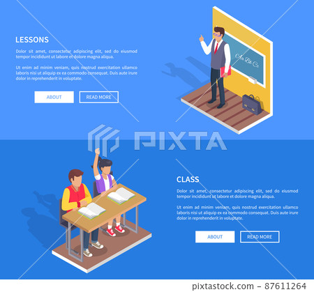 Two Students Boy Girl Sit at Desk, Teacher Stand Two Students Boy Girl Sit at Desk, Teacher Stand 87611264