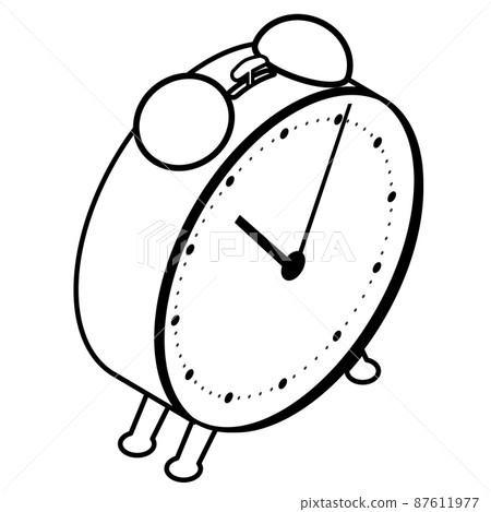 Isometric mechanical alarm clock on legs outline isolated on white. Bells with hammer on top. Isometric mechanical alarm clock on legs outline isolated on white. Bells with hammer on top. 87611977