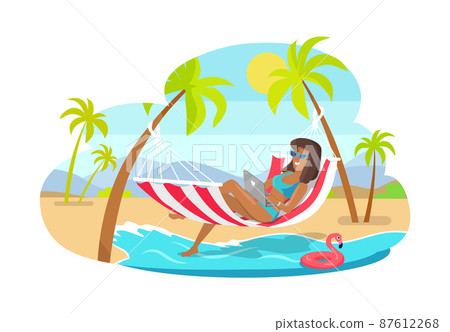 Freelancer Works on Laptop in Hammock at Beach Freelancer Works on Laptop in Hammock at Beach 87612268