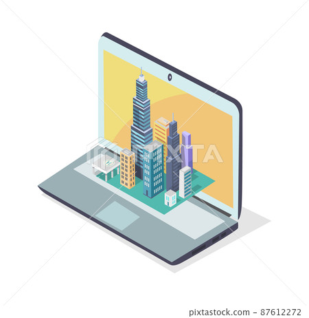 Modern City Mockup Located on Laptop, Color Poster Modern City Mockup Located on Laptop, Color Poster 87612272