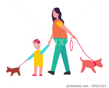 Mother and Son Walking Little Dogs Illustration Mother and Son Walking Little Dogs Illustration 87612321