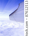 A wonderful view from the window of an airplane, a dark blue sky, light 87612513