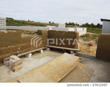 The Wooden framework for foundation in the land on background sky. The Wooden framework for foundation in the land on background sky. 87612697