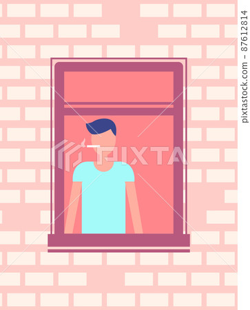 Man Smoking Cigarette near Open Window, Brick Wall 87612814