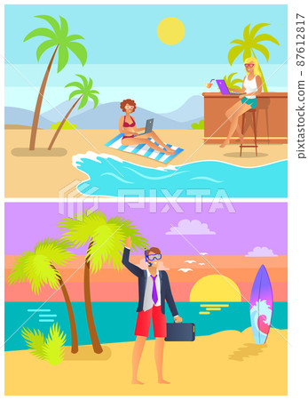 Freelancers Man and Woman on Tropical Beach Vector Freelancers Man and Woman on Tropical Beach Vector 87612817