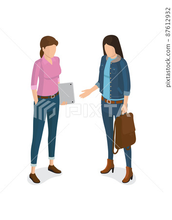 Young Women Student Girls with Laptop, Leather Bag 87612932