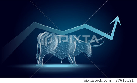 Bullish trend with upward arrow on back of polygonal bull on dark blue background. Bullish support on the stock exchange. Bullish trend with upward arrow on back of polygonal bull on dark blue background. Bullish support on the stock exchange. 87613181