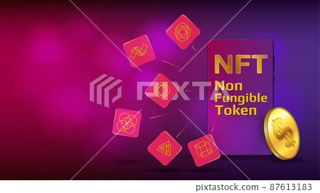 Concept of earning dollars USD on NFT. Unique tokens fly out from cellphone with text NFT non fungible token. Colorful template for banner or game. Vector illustration. Concept of earning dollars USD on NFT. Unique tokens fly out from cellphone with text NFT non fungible token. Colorful template for banner or game. Vector illustration. 87613183