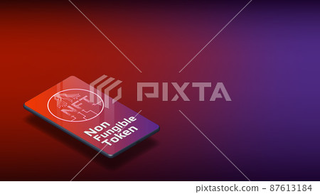 NFT non fungible token isometric cellphone on red background with copy space. New class of coins. Pay for unique collectibles in games or art. Banner or header. NFT non fungible token isometric cellphone on red background with copy space. New class of coins. Pay for unique collectibles in games or art. Banner or header. 87613184