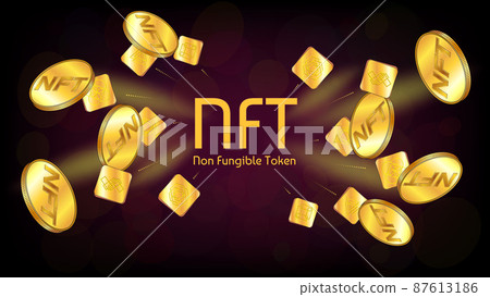 NFT non fungible token infographics with flying gold unique tokens and coins on dark background. Pay for unique collectibles in games or art. Banner or header for website. NFT non fungible token infographics with flying gold unique tokens and coins on dark background. Pay for unique collectibles in games or art. Banner or header for website. 87613186