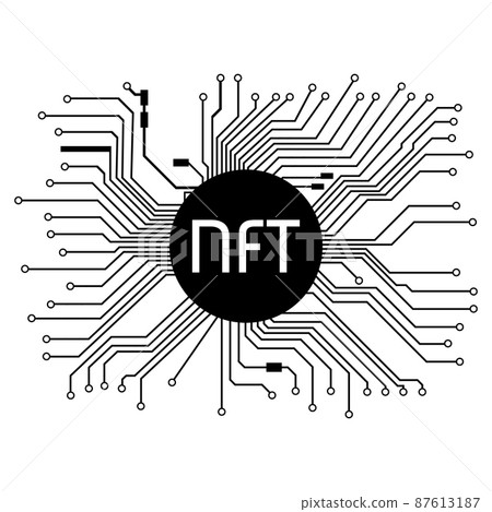 PCB tracks with NTF non fungible token in black center isolated on white. Website design element. PCB tracks with NTF non fungible token in black center isolated on white. Website design element. 87613187