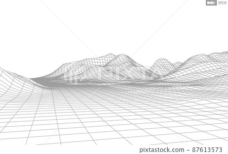 Wireframe landscape on white background. Abstract geometric vector technology background. 3d vector digital background. Wireframe landscape on white background. Abstract geometric vector technology background. 3d vector digital background. 87613573