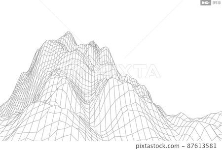 Wireframe landscape on white background. Abstract geometric vector technology background. 3d vector digital background. Wireframe landscape on white background. Abstract geometric vector technology background. 3d vector digital background. 87613581