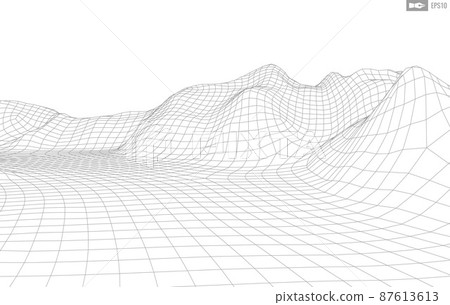 Wireframe landscape on white background. Abstract geometric vector technology background. 3d vector digital background. 87613613