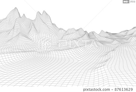 Wireframe landscape on white background. Abstract geometric vector technology background. 3d vector digital background. Wireframe landscape on white background. Abstract geometric vector technology background. 3d vector digital background. 87613629