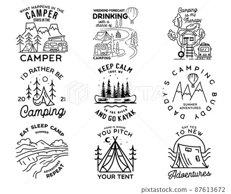Vintage line art logo designs set. Camping adventure badges with outdoors scenes. Camp label, hiking insignias bundle. Silhouette linear concept. Stock collection 87613672