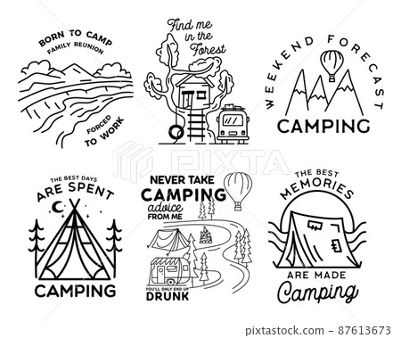 Vintage line art logo designs set. Camping adventure badges with camp scenes. Camp label, hiking insignias bundle. Silhouette linear concept. Stock collection 87613673