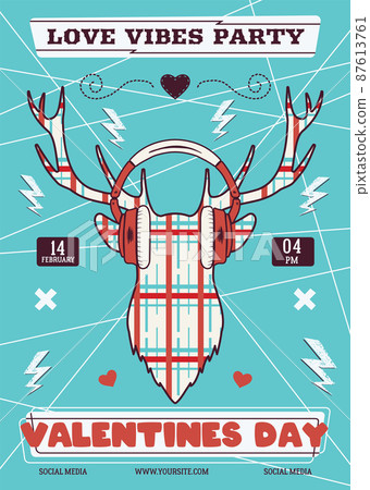 Valentines Day Flyer Template. Valentine love music party brochure with typography and deer head. Stock holiday card design 87613761