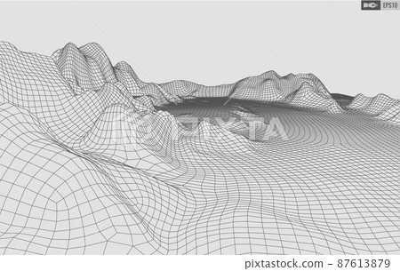 Wireframe landscape on white background. Abstract geometric vector technology background. 3d vector digital background. Wireframe landscape on white background. Abstract geometric vector technology background. 3d vector digital background. 87613879