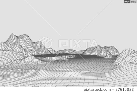 Wireframe landscape on white background. Abstract geometric vector technology background. 3d vector digital background. 87613888