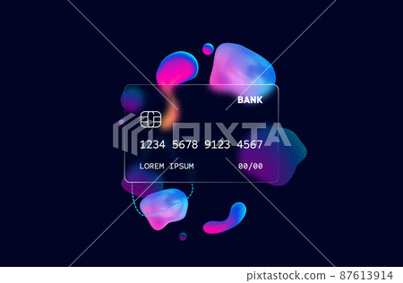 Glass morphism credit card template. Plastic rectangle of transparent plastic with blur effect. Liquid shapes morphism abstract art. 87613914